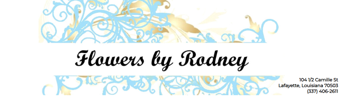 Flowers by Rodney logo with blue floral swirls on a white background