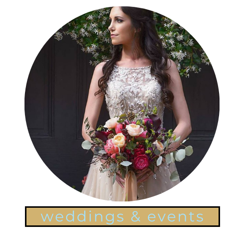 Bride holding a colorful bouquet in a circular wedding and events logo