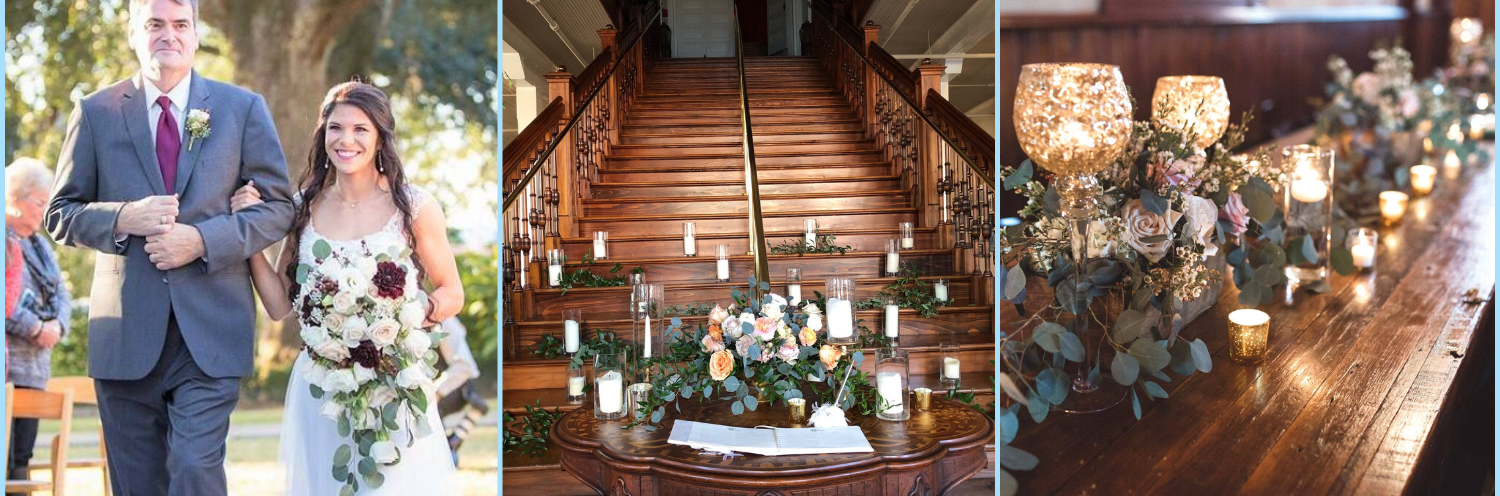 Wedding collage: couple outdoors, rustic ceremony arch with flowers, and candlelit reception tables