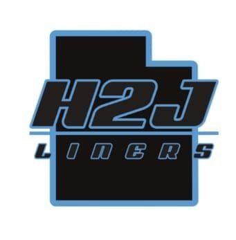 Black Utah shape with H2J Liners written across. Outlined in blue