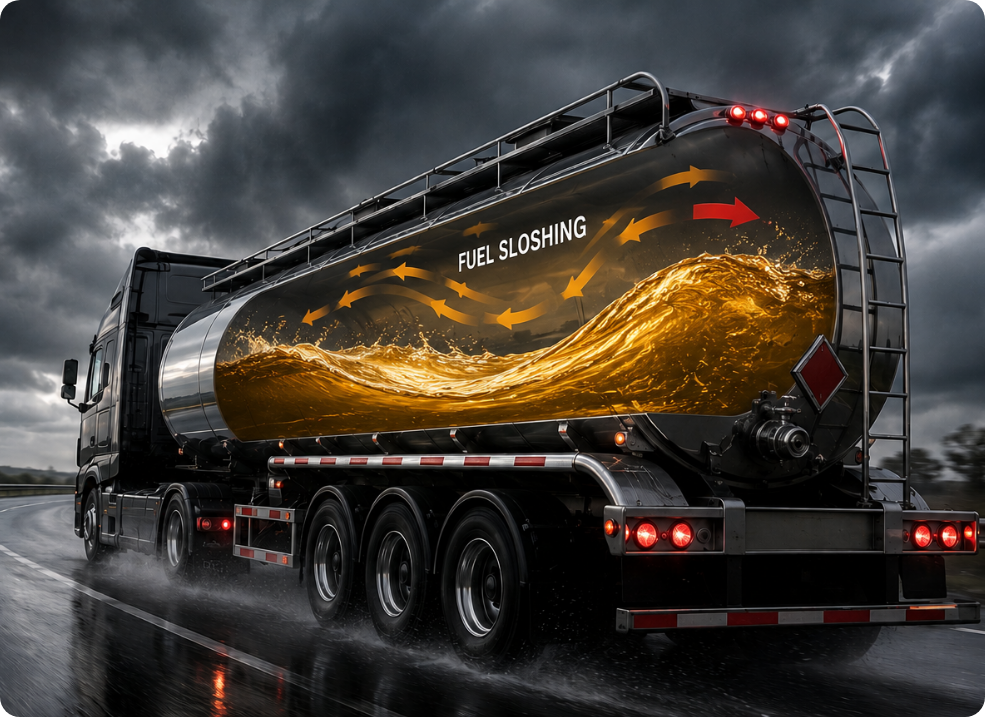 Black tanker truck with orange sparks speeding on a wet road under stormy clouds
