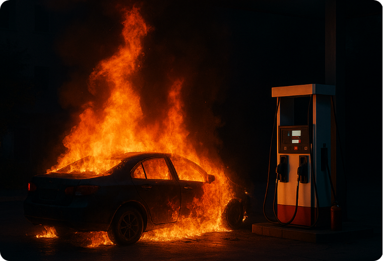 Car engulfed in flames beside a gas pump at night