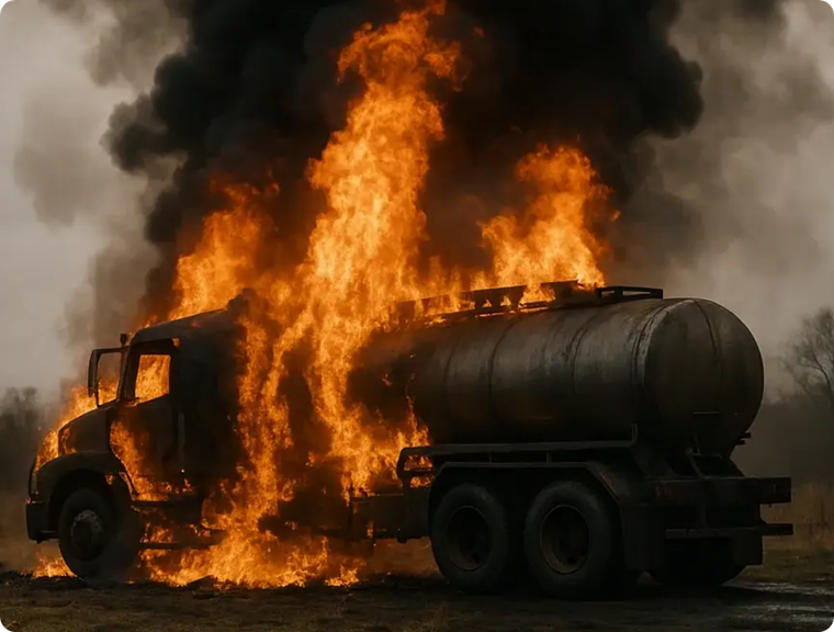 Truck engulfed in flames, with thick black smoke billowing into the sky.