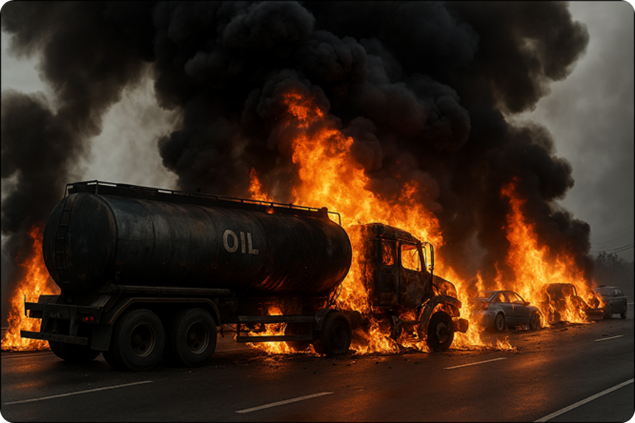 Burning oil tanker on a highway, engulfed in flames with thick black smoke billowing overhead
