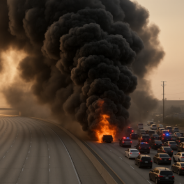 Dense black smoke and flames from a car fire blocking a highway, with traffic backed up nearby.
