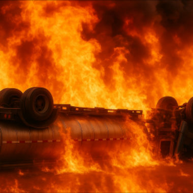 Overturned vehicle engulfed in bright orange flames and thick black smoke