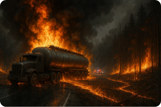 A tanker truck on a dark road, surrounded by flames and thick smoke at night