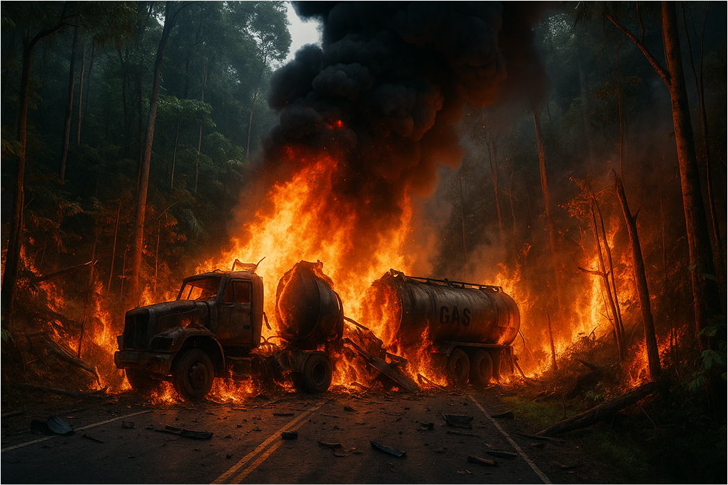 Two burning trucks on a forest road, with large flames and thick black smoke at night