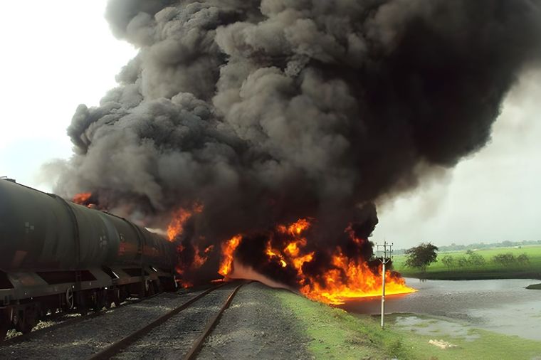 Derailment with tanker cars on fire, thick black smoke billowing beside a railway line.