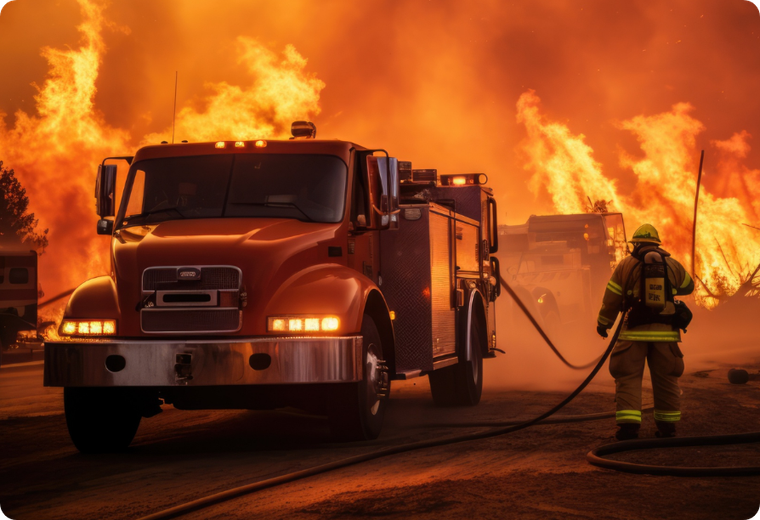 Firetruck and firefighter battling a large blaze amid thick smoke and flames