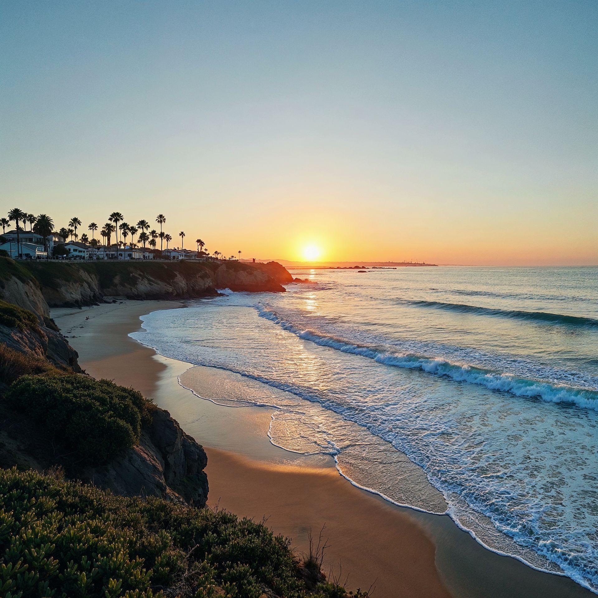 A sunset over a beach with palm trees in the background