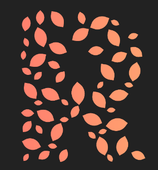 The letter r is surrounded by leaves on a black background