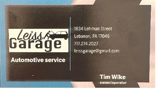A business card for leiss garage automotive service