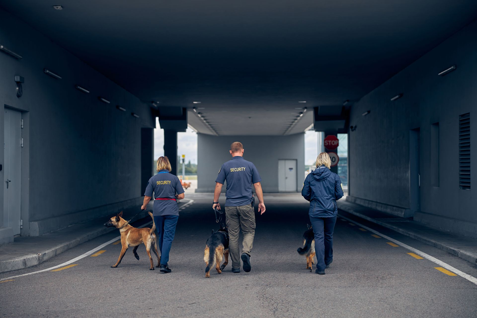 Three police officers with a K9 walk through a tunnel-like corridor toward daylight.