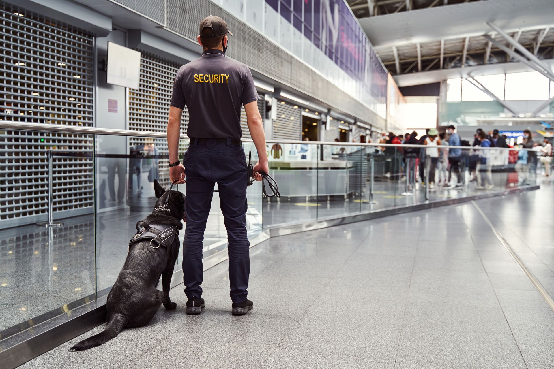 Security officer with a black dog in a modern airport terminal, standing near glass railings