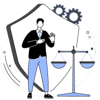 Man taking oath, holding hand up, next to scales of justice, within shield outline.
