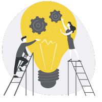 Two people building an idea, symbolized by a lightbulb. They are placing gears inside the lightbulb.