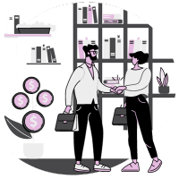 Two people shaking hands, in an office setting. Bookshelves and money symbols are present.