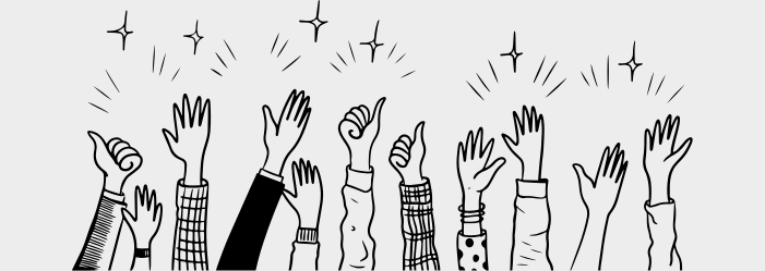 Hands raised in the air, some with thumbs up, with sparkling starbursts above.