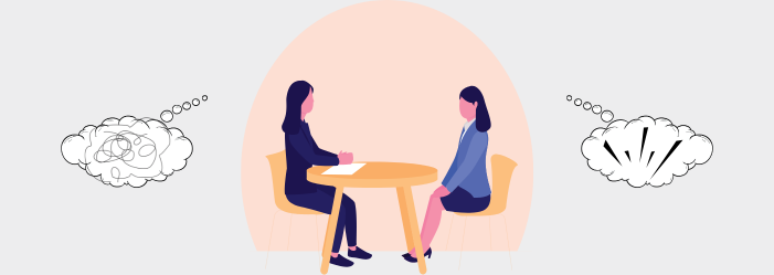 Two women at a table with thought bubbles showing confusion and surprise.