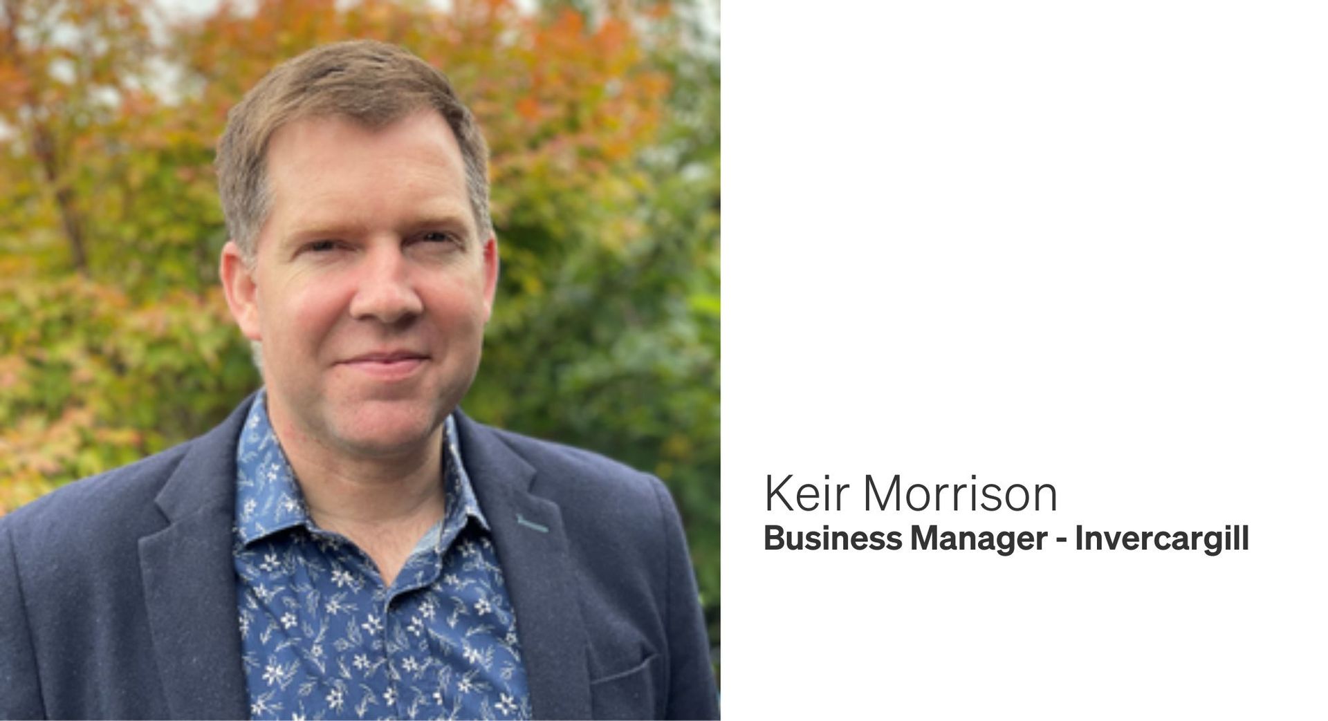 Man in blue blazer and patterned shirt, identified as Keir Morrison, Business Manager - Invercargill.