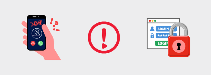 Cybersecurity alert: phone showing security warning, exclamation icon, and a locked login screen.