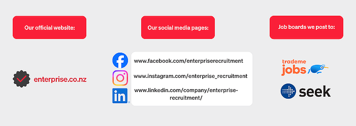 Links to official website, social media, and job listings on a light gray background.