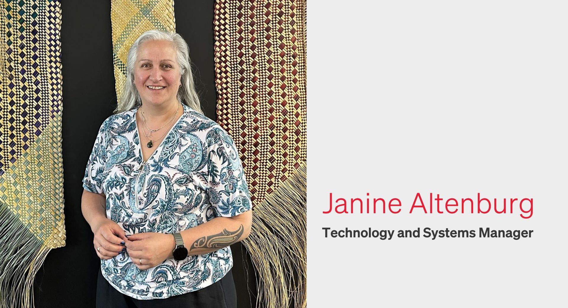 Woman smiling, stands in front of woven artwork. Text reads: Janine Altenburg, Technology and Systems Manager.