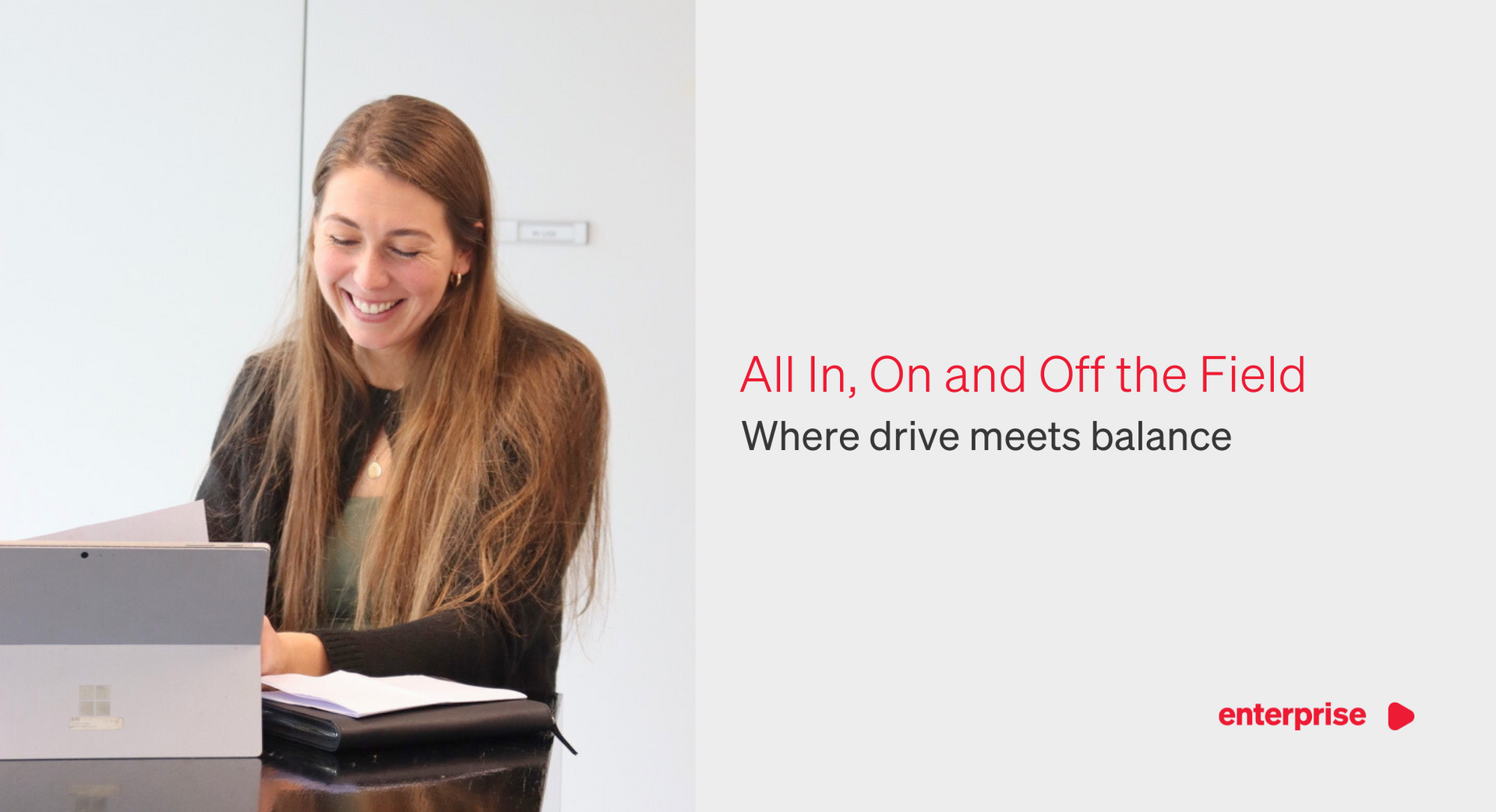 Woman smiles while looking at a tablet, text on right: All In, On and Off the Field.