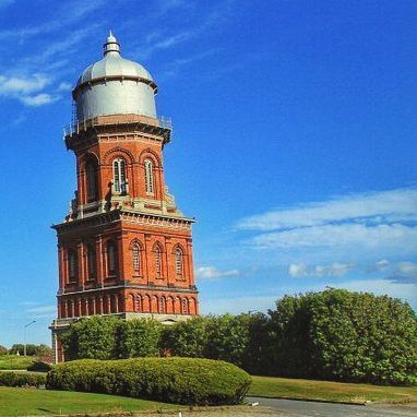 Brick water tower with a silver dome against a blue sky, surrounded by green shrubs.