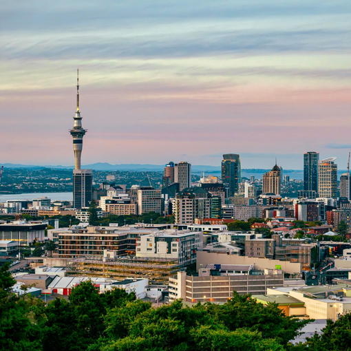 Sky Tower and Auckland skyline at sunset.