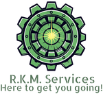 Green gear logo with “R.K.M. Services” and the tagline “Here to get you going!”