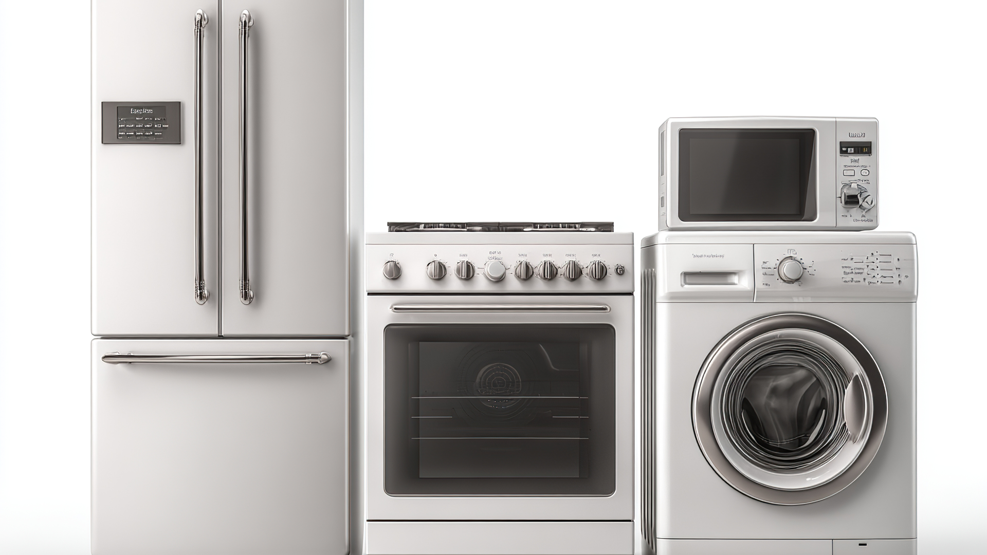 White kitchen appliances: refrigerator, stove, washing machine, and microwave on a white background.