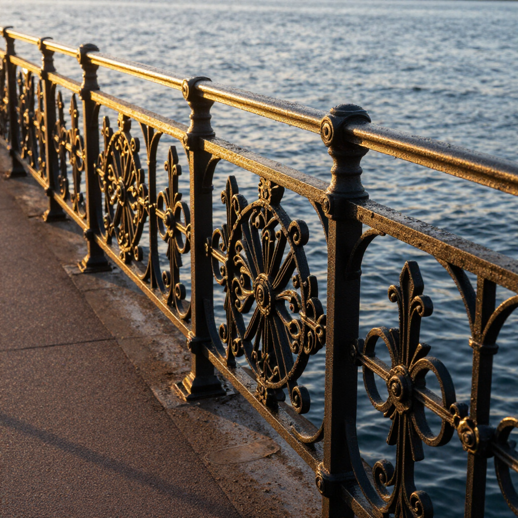 Ornate black seaside railing along a sunlit promenade beside rippling water