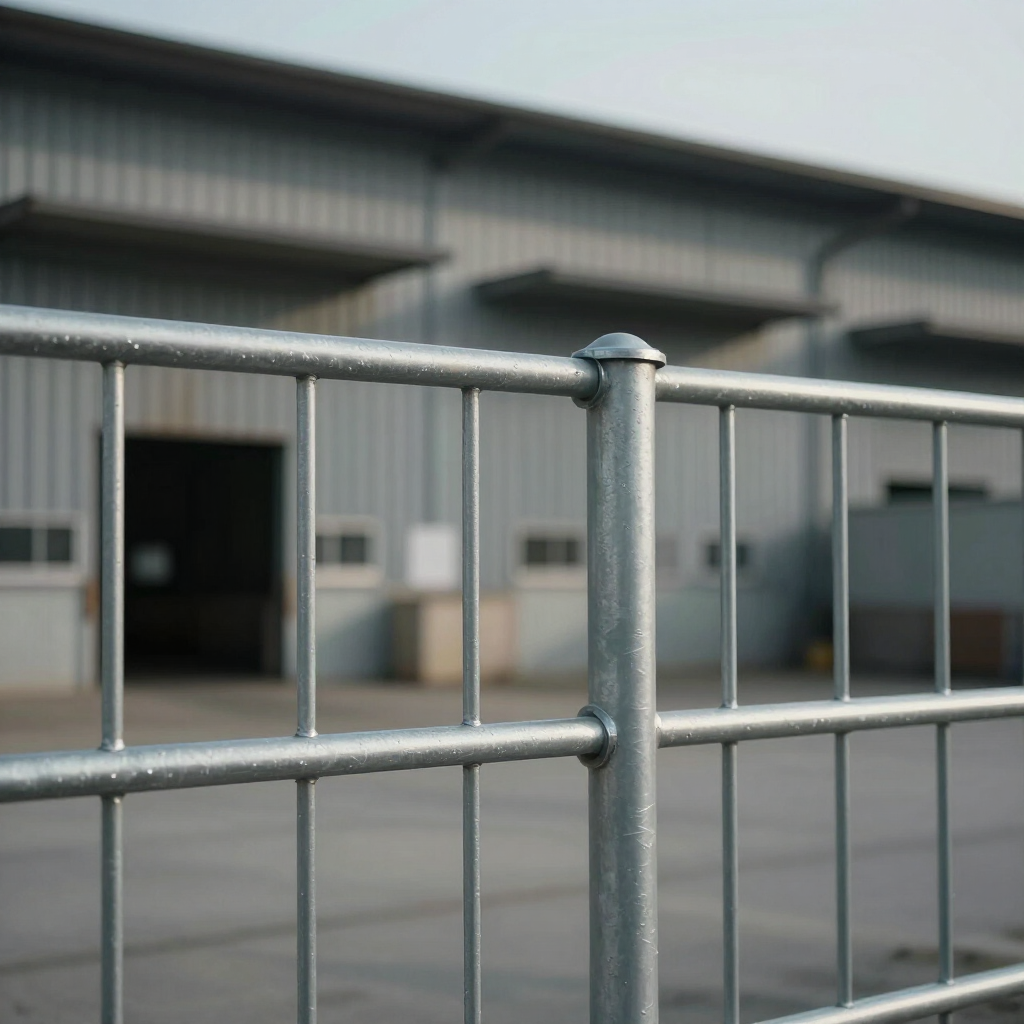 Metal fence in foreground with an industrial building blurred in the background