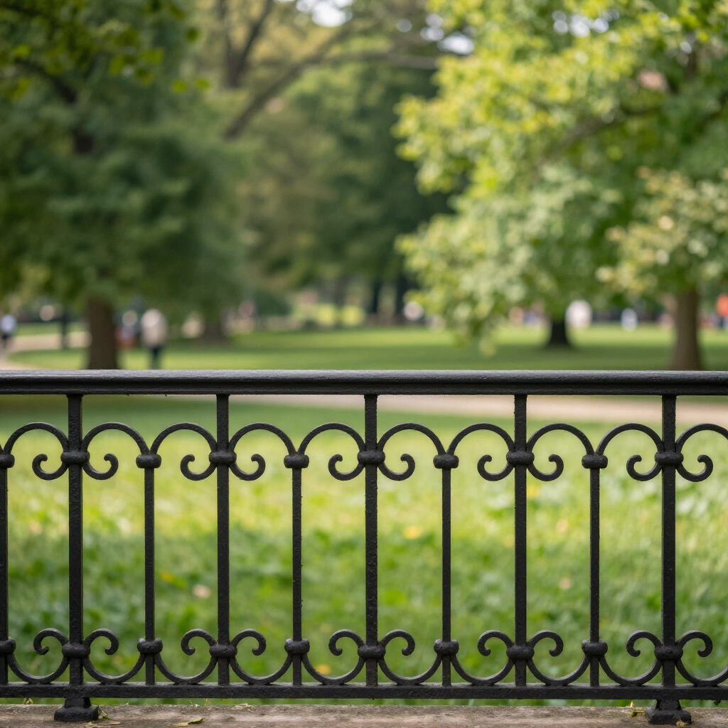 Black wrought-iron fence in a green park with trees and blurred people in the background