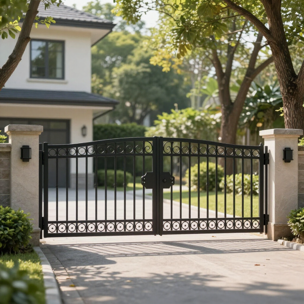 Black wrought-iron driveway gate in front of a white house with trees and a sunlit driveway
