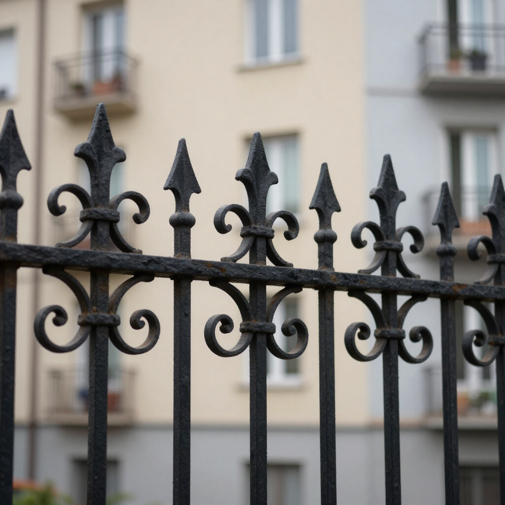 Black wrought-iron fence with decorative finials in front of a blurred beige building
