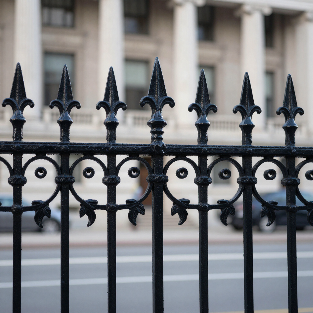 Black wrought-iron fence with fleur-de-lis spikes in front of a blurred stone building