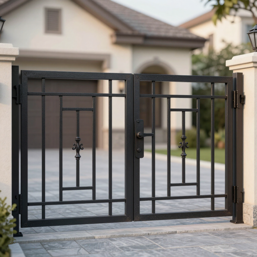 Black metal driveway gate in front of a suburban house, viewed from outside the entrance
