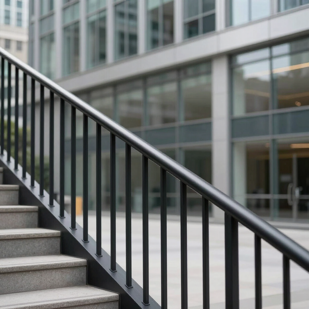 Stair railing beside concrete steps in front of a modern glass building