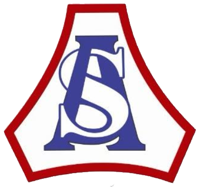 Letras azules estilizadas dentro de un logotipo de pentágono con contorno rojo sobre un fondo blanco.
