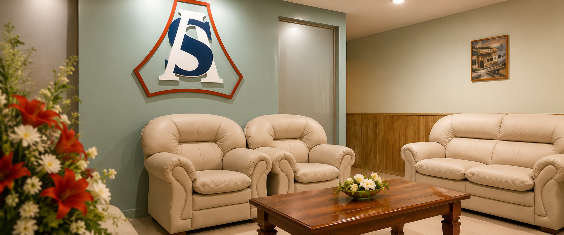 Sala de espera de hospital con sofás beige, mesa de centro de madera, flores y un logotipo de televisión montado en la pared.