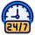 Blue clock icon with yellow “24/7” text, indicating around-the-clock service