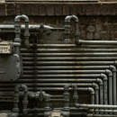 Industrial wall with exposed gray pipes, valves, and meter boxes arranged in a dense network