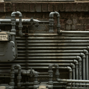 Industrial wall with exposed gray pipes, valves, and meter boxes arranged in a dense network