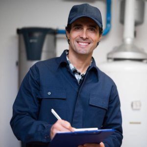 Smiling technician in navy workwear writing on a clipboard in a utility room