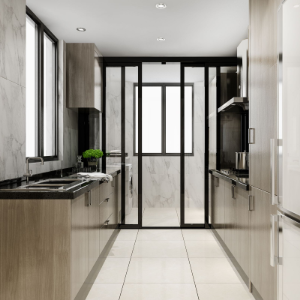Modern narrow kitchen with light wood cabinets, black-framed glass door, and white tile floor