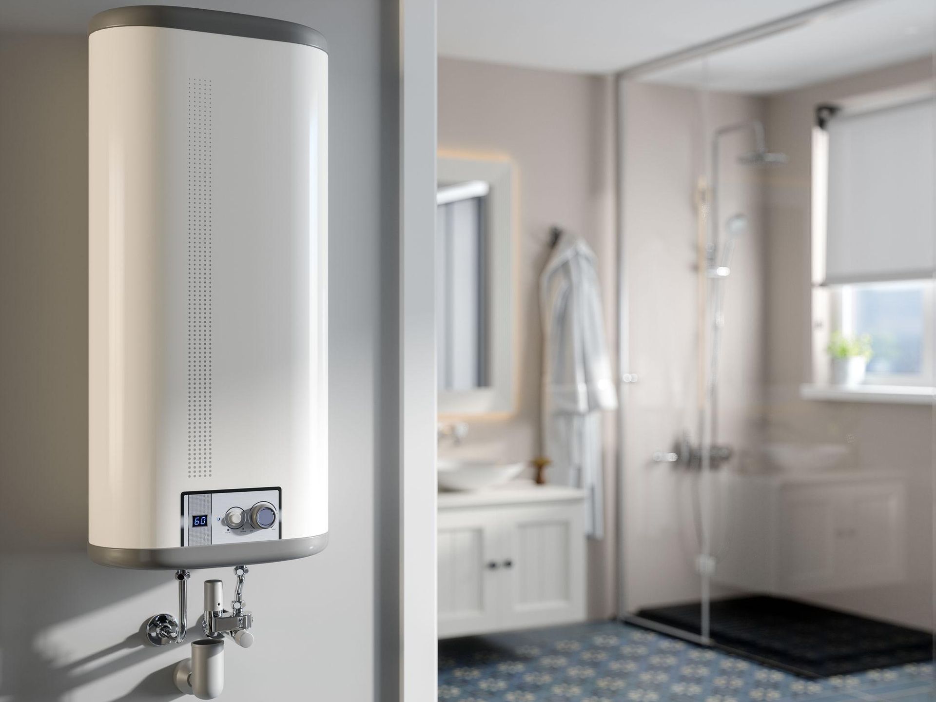 Bathroom with a wall-mounted water heater, sink, mirror, shower, and window with blind.