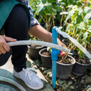Person watering potted plants with a hose in a garden